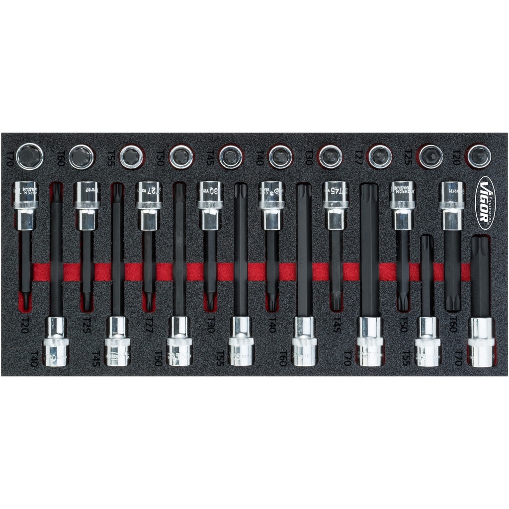 TORX atsuktuvinių galvučių rinkinys, 1/2 col., T20–T70, 26 vnt. (V5095, VIGOR)