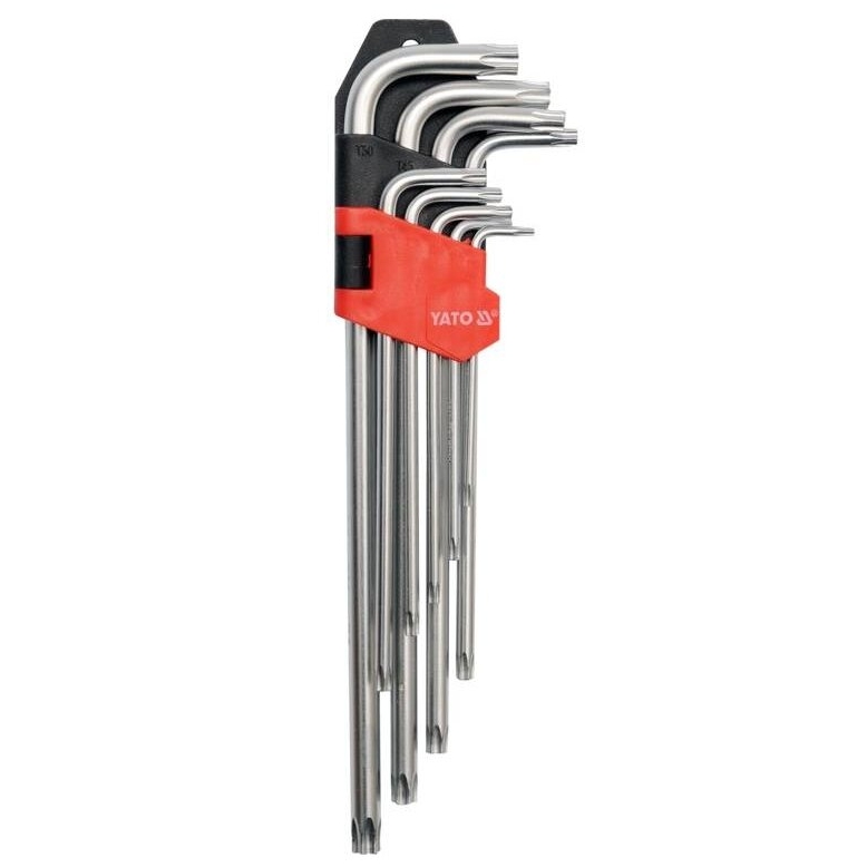 ⬡ L formos šešiabriaunis raktas TORX ypač ilgas rinkinys 9 vnt. (T10-T50) su skyle (YT0512, YATO)
