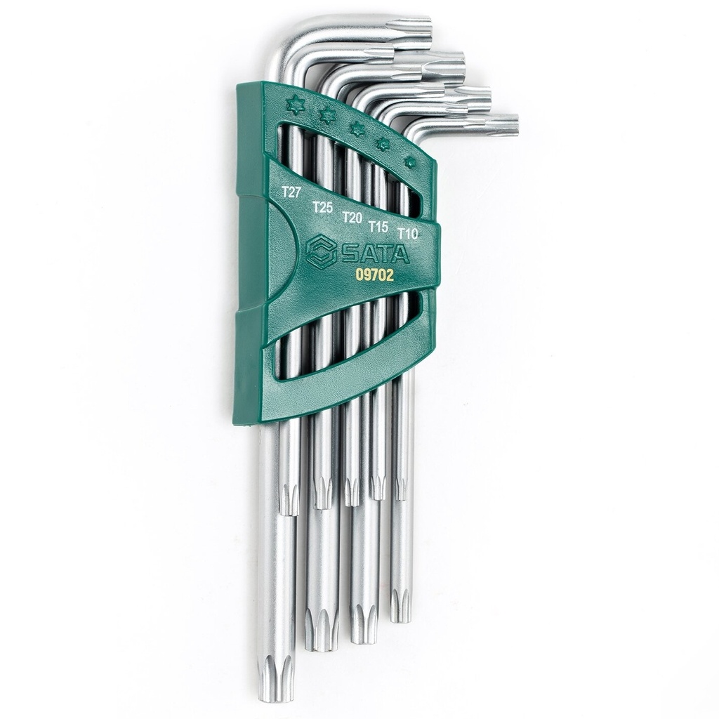 ⬡ L formos šešiabriaunis raktas TORX rinkinys 9 vnt. (T10-T50) su skyle (S09702, SATA)