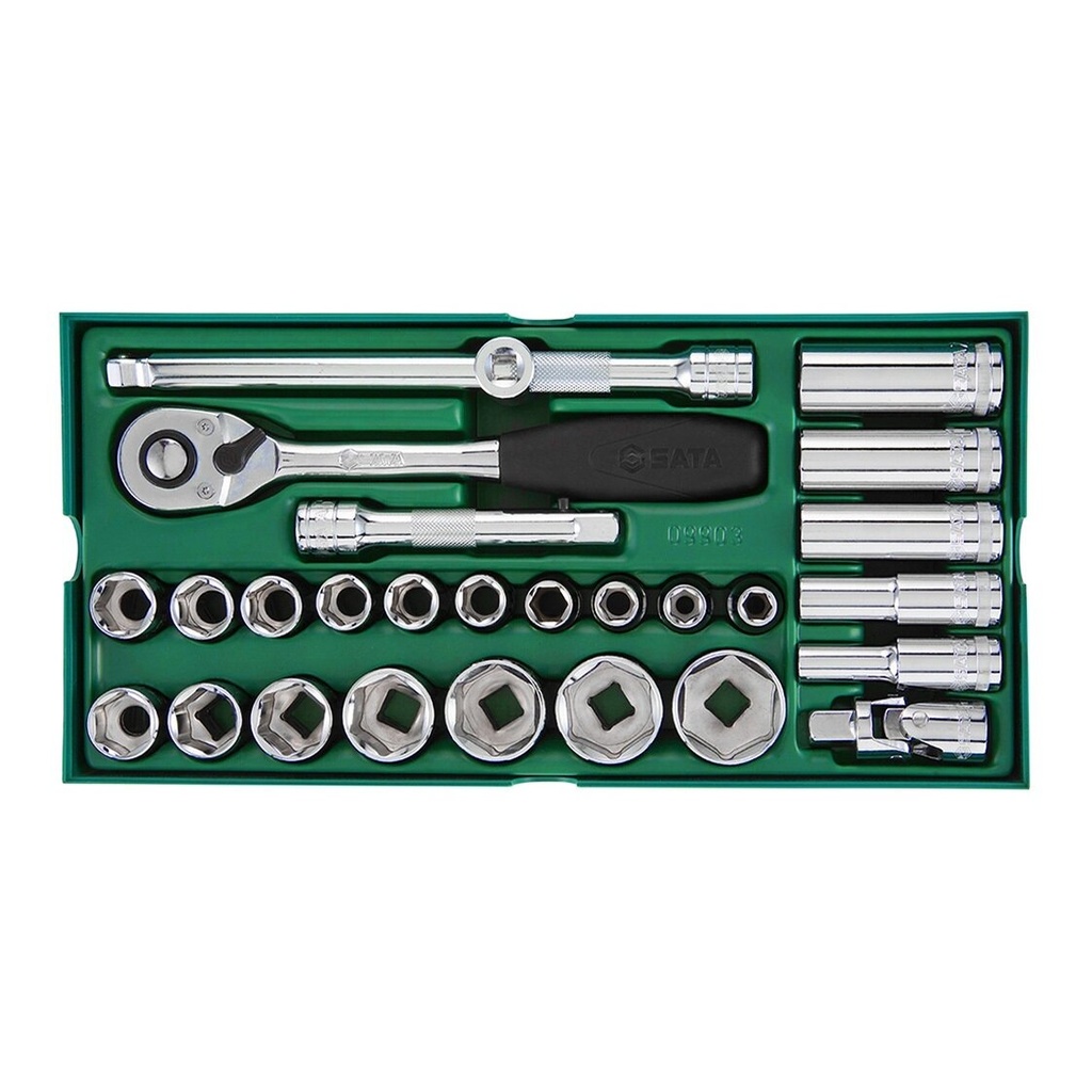 ⬡ Padėklas. Galvučių rinkinys 1/2" 27 vnt. (S09903, SATA)