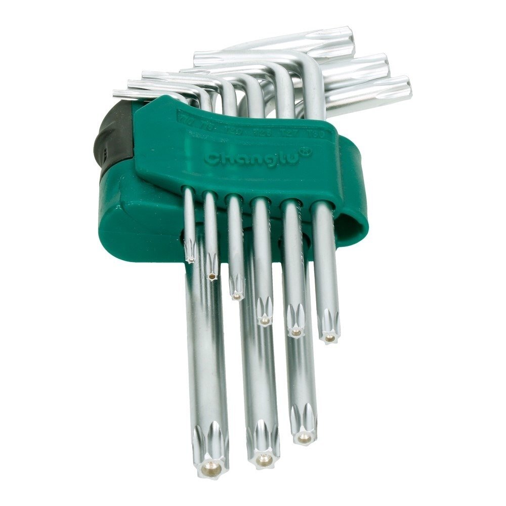 ⬡ L formos TORX raktų rinkinys, trumpi, 9 vnt. (T10-T50) su skyle (CL402001, CHANGLU TOOLS)