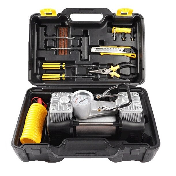⬡ Twin cylinder air compressor 12 V 40 L/min with repair tools (QB01BK)