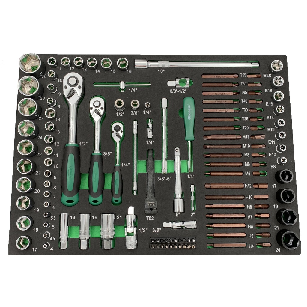 ⬡ 1/4" + 3/8" + 1/2" galvučių rinkinys 122 vnt. dėkle (CL106302, CHANGLU TOOLS)