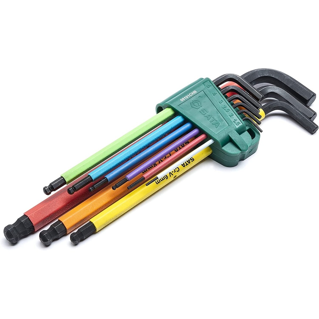⬡ Šešiabriaunių L formos raktų rinkinys, ypač ilgi, spalvoti, su rutuliniu galu, 9 vnt. (1,5-10 mm) (ST09101CHBSJ, SATA)
