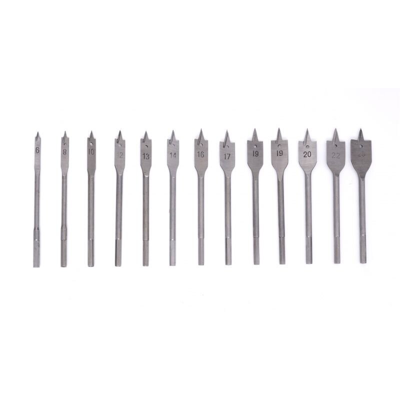 ⬡ Plokščiųjų (plunksninių) grąžtų medienai rinkinys 13 vnt., 6–25 mm (KD10549, KRAFT&DELE)