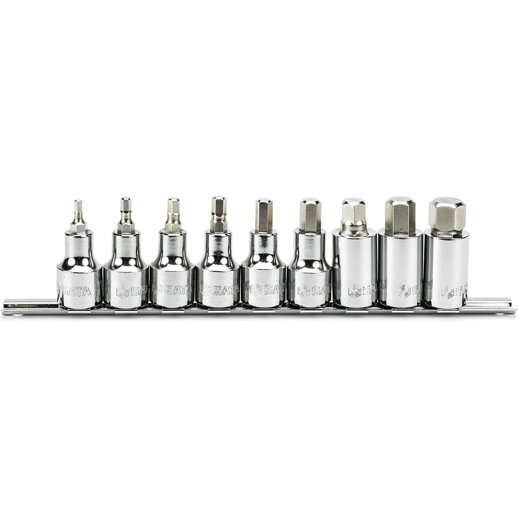 ⬡ Galvučių su antgaliais rinkinys 1/2" (šešiabriaunė HEX) 9 vnt. (ST0905702, SATA)