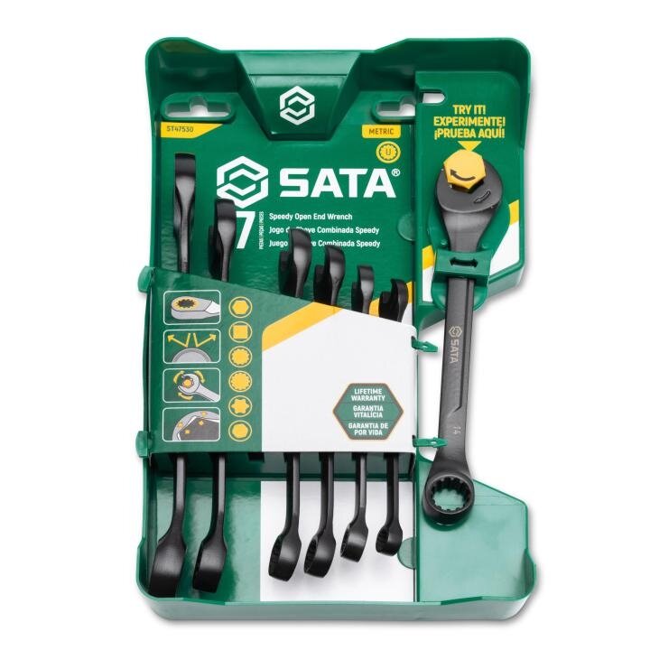 ⬡ Ratcheting combination wrench set X6 metric 7 pcs 8-17 mm, black (ST47530, SATA)