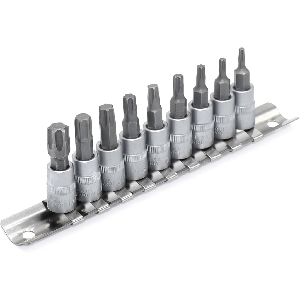 ⬡ Galvučių su TORX antgaliu rinkinys 3/8'', 9 vnt., T-10–T-60 (KRKDP02)