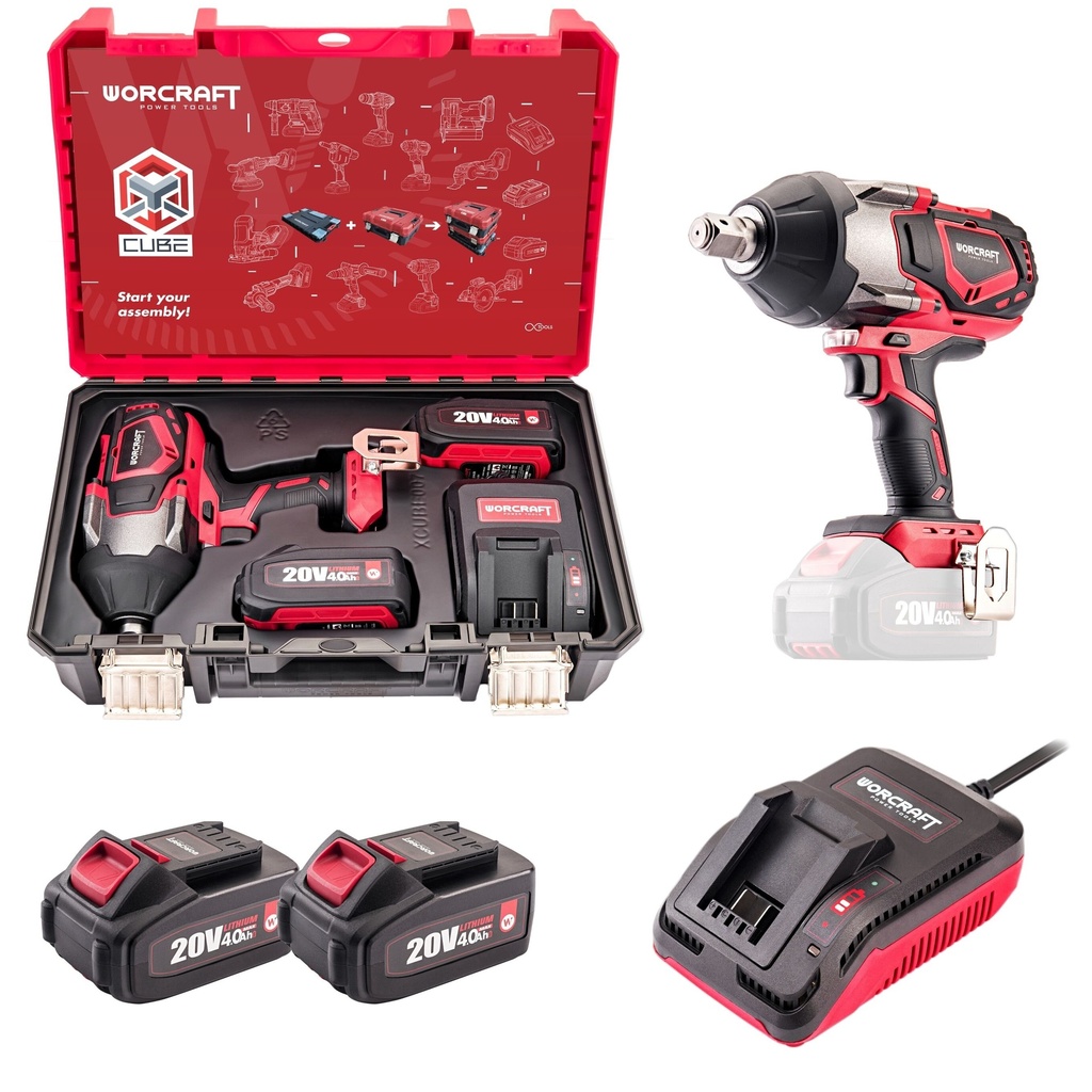 ⬡ Li-ion Brushless Cordless Impact Wrench 3/4'' 1800nm WORCRAFT 20V set in XCUBE box (CIWS20LIB1800X, WORCRAFT)