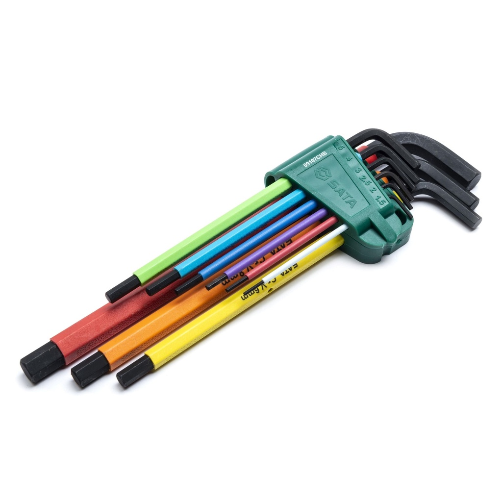 ⬡ L-handle hex key set, extra long, colour coded, ball point, 9 pcs. (1.5-10 mm) (ST09107CHBSJ, SATA)