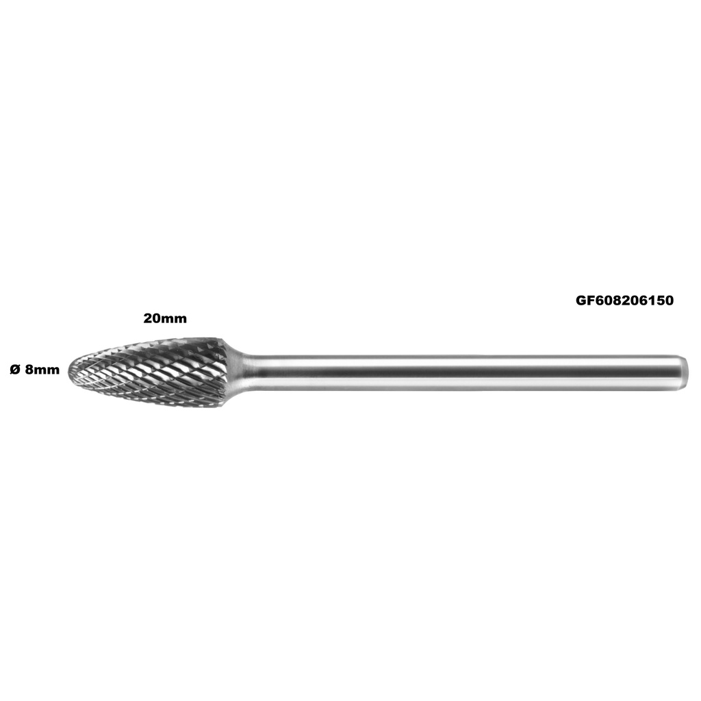 ⬡ Kietmetalio freza F formos apvalia galvute (RBF) Ø8 x 20 mm, L 150 mm (GF608206150)