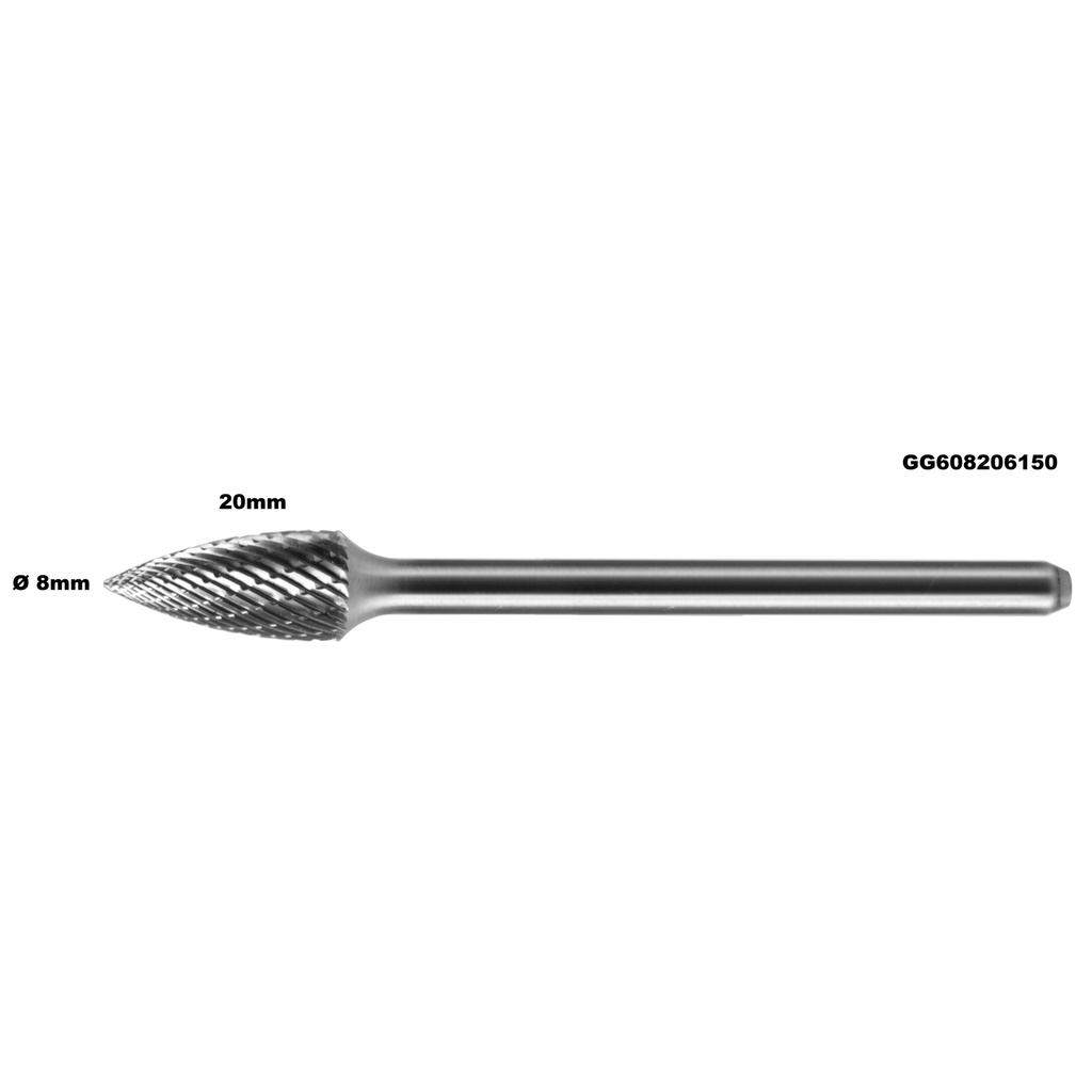 ⬡ Carbide rotary burr shape G pointed tree (SPG) Ø8 x 20 mm, length 150 mm (GG608206150)