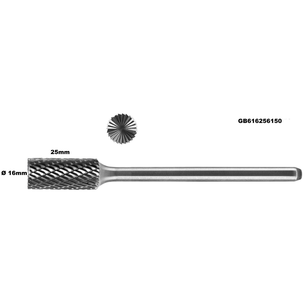 ⬡ Kietmetalio freza cilindrinė B formos su galiniu pjūviu (ZYAS) Ø16 mm, L 150 mm (GB616256150)