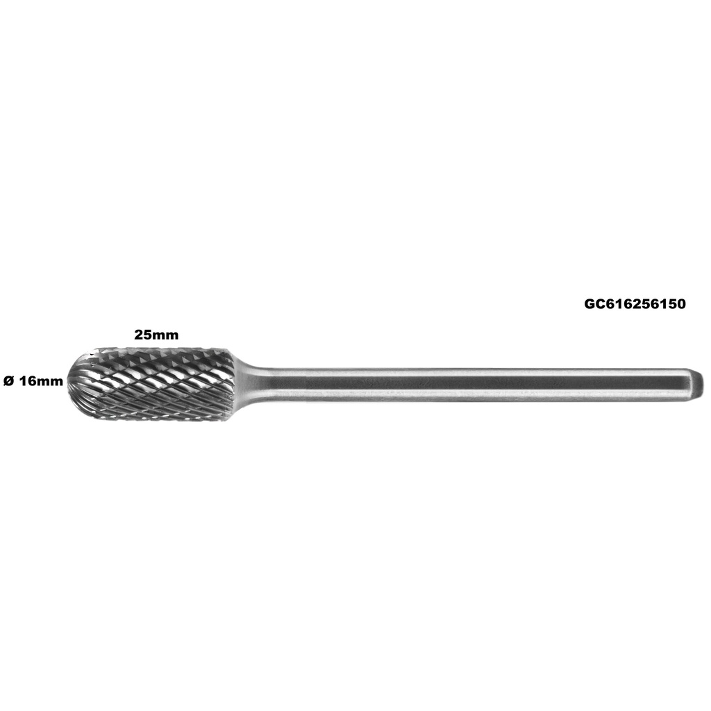 ⬡ Carbide rotary burr shape C ball nosed cylinder (WRC) Ø16 x 25 mm, length 150 mm (GC616256150)