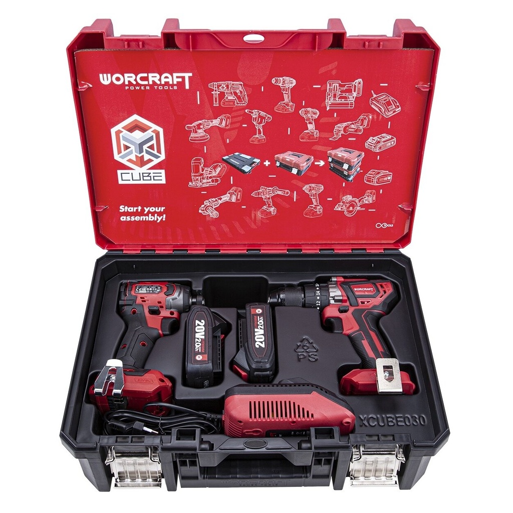 ⬡ Cordless drill-driver and impact driver set WORCRAFT 20V Li-ion (XCUBE case) (XCUBE030, WORCRAFT)