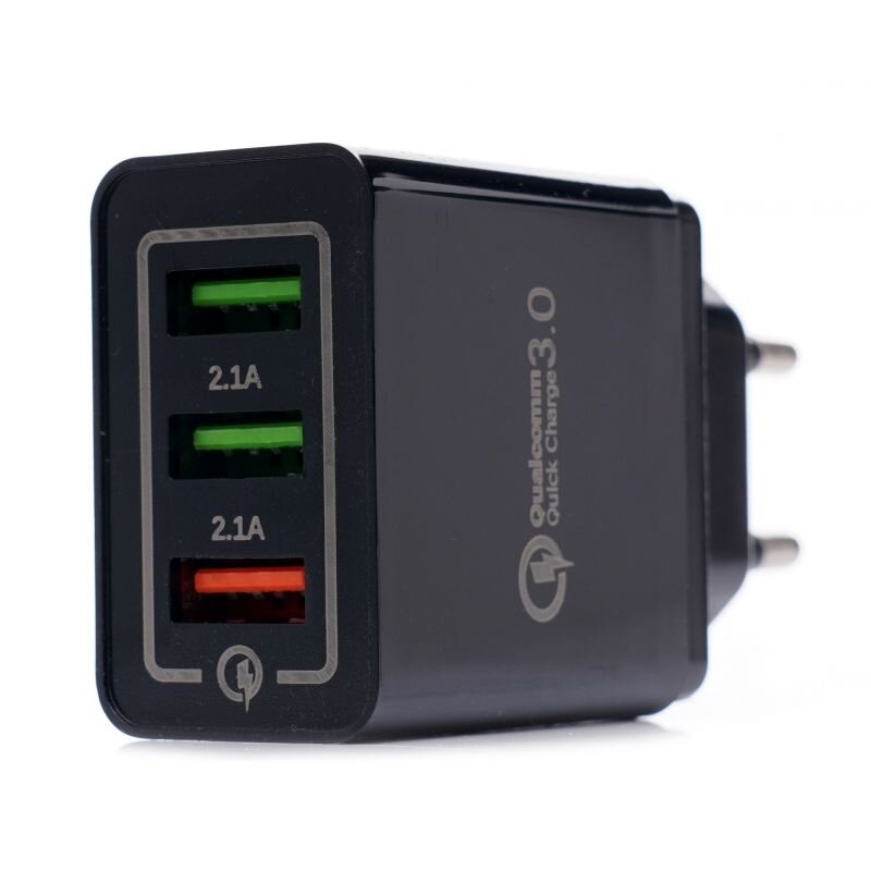 ⬡ USB įkroviklis su greitojo įkrovimo prievadu 220 V, 2xUSB/2,1A +1USB/QC3.0 (KD1236)