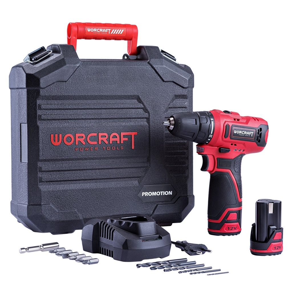 ⬡ Cordless Drill/Driver with accessories in plastic case WORCRAFT 12V Li-ion (CD12LiA, WORCRAFT)