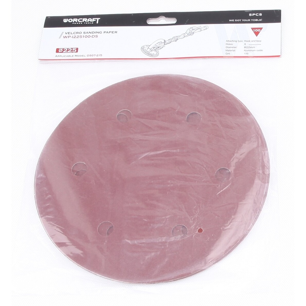 ⬡ Šlifavimo popieriaus diskai 225 mm (5 vnt.) šlifuokliui DS07 / DS09 Nr. 100 (WPI225100DS, WORCRAFT)