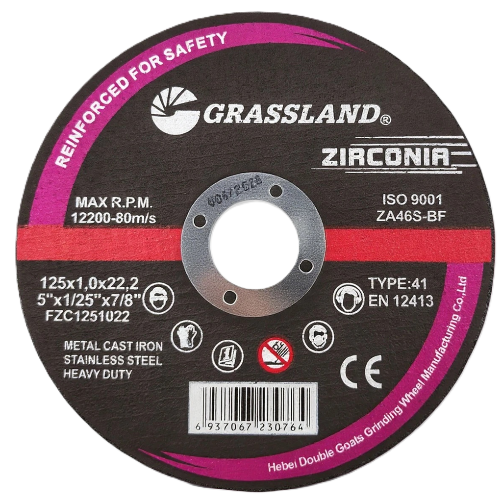 ⬡ Cut-off wheel for stainless steel and zirconia, flat, 125x1.0x22.2 mm, type 41 (FZC1251022, GRASSLAND)