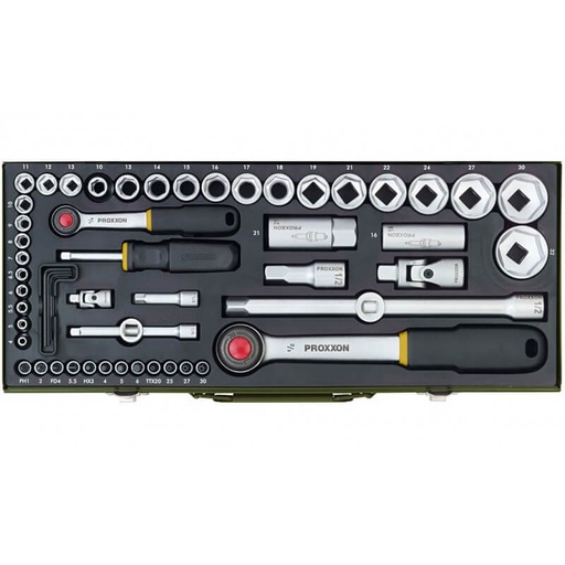[23040] Galvučių rinkinys 1/4"+1/2" su terkšlėmis 56 dalių PROXXON