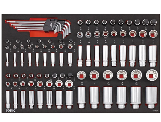 [310001] Įrankių komplektas į vežimėlius - colinės galvutės 1/4", 3/8" ir 1/2" (100vnt) Sonic Equipment BV [310001] 