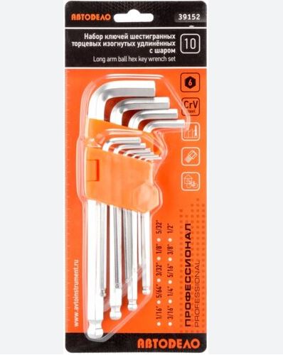 [39152] [39152] L-tipo šešiakampių apvalia galvute raktų rinkinys 10 vnt.(1/16"-1/2") (AVTODELO) "Professional" (391