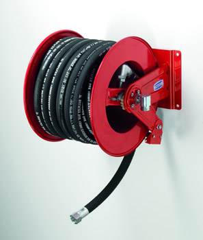 [9097+28818] Spring-driven painted steel hose reel with multi-position guide and hose Ø 3/4 in., 18 m, for diesel, FLEXBIMEC (9097+28818)
