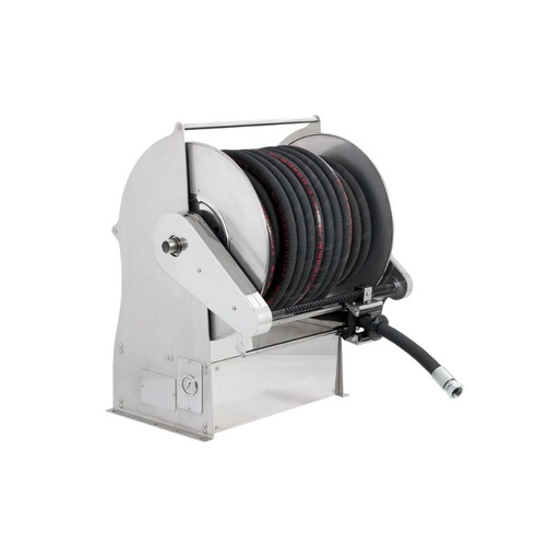 [TXSGA63403] Nerūdijančio plieno (AISI 304) motorizuota žarnos ritė TITANO serija be pavaros bloko skirta maks. 30 mt Ø1 1/2" žarnoms - diskas 680 mm - būgno plotis 400 mm - būgnas 335 mm - su žarnos kreipiamąja (be žarnos), FLEXBIMEC (TXSGA63403)