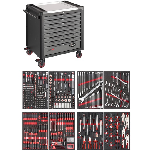[V4481-XD/469] Tool trolley Series XD, extra deep, stainless steel worktop, with assortment, 469 pieces (V4481-XD/469, VIGOR)