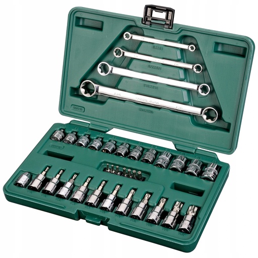 [S09010] ⬡ 1/4" + 3/8" E-TORX ir TORX galvučių rinkinys (35 vnt.) (S09010, SATA)