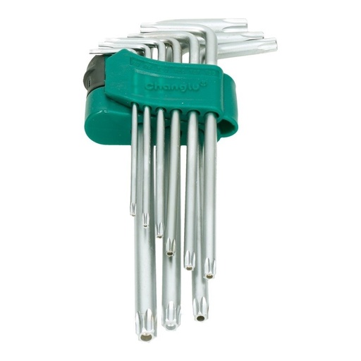 [CL402003] ⬡ L formos šešiabriaunis raktas TORX ypač ilgas rinkinys 9 vnt. (T10-T50) su skyle (CL402003, CHANGLU TOOLS)