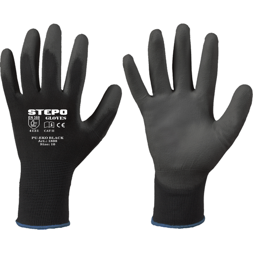 [1808BLACK7] ⬡ Work gloves PU-EKO coated black 7 (M) (1808BLACK7, STEPO)