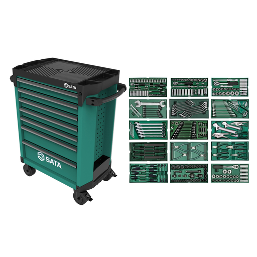 [ST09928G] ⬡ Įrankių spintelė su ratukais PRO su įrankių dėklais, 300 vnt. (ST09928G, SATA)