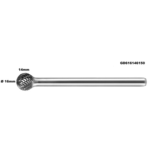 [GD616146150] ⬡ Long carbide rotary burr shape D ball (KUD) Ø 16mm (GD616146150)